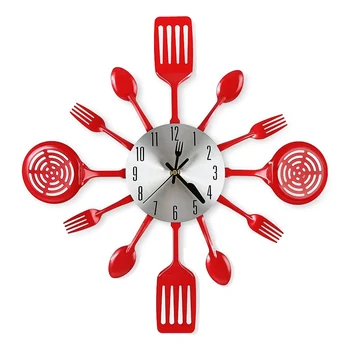 16-дюймовые большие кухонные настенные часы с ложками и вилками, 3D посуда, настенные часы, украшение для дома в комнате (красные)