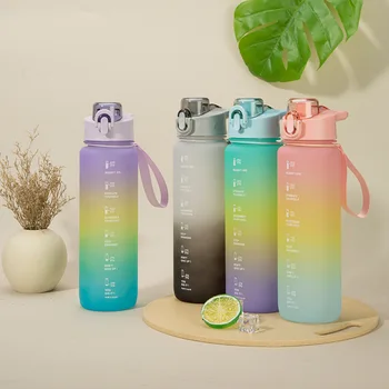 1Л Градиентная красочная бутылка для воды с пластиковой соломинкой, милая портативная чашка для питья матовой воды, спорт на открытом воздухе для детей и девочек