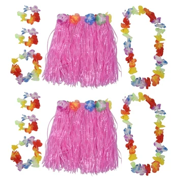 2 комплекта Розовой детской юбки из гавайской травы для вечеринки Хула-Луау