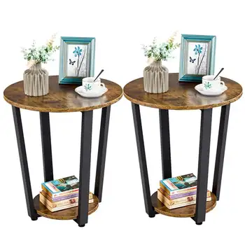 2 шт. круглых деревянных приставных столика, коричневый в деревенском стиле