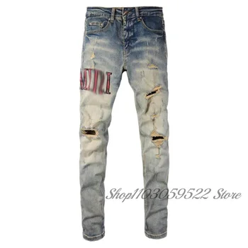2023 Amiris Новые мужские джинсы с дырками Светло-синие Темно-серые Мужские Длинные брюки Уличная джинсовая одежда Skinny Slim Прямые байкерские джинсы