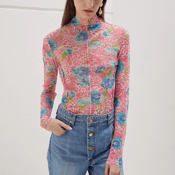2023 Весна Осень Тонкая водолазка OL с цветочным принтом, пуловеры с длинными рукавами, футболки