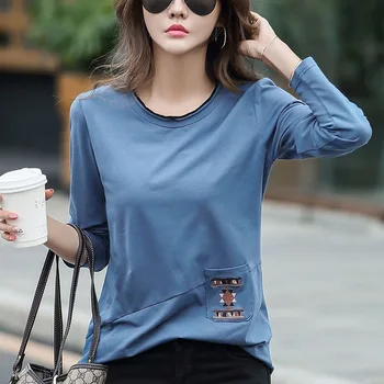 2023 Корейская версия новой футболки с вышитыми карманами и длинными рукавами, женское нижнее белье большого размера, черный