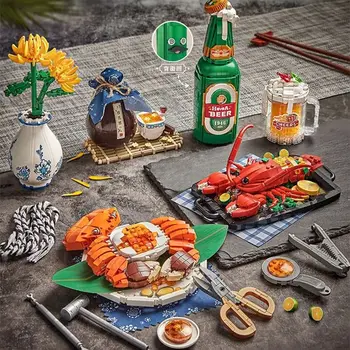 2023 Мини-кирпич Креативная модель морепродуктов, омаров и крабов, Строительный блок, набор продуктов питания, детские развивающие игрушки, подарок на День рождения