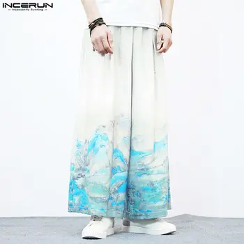 2023 Мужские брюки с принтом, винтажные Джоггеры с эластичной резинкой на талии, широкие брюки, мужская уличная одежда, свободные повседневные брюки в китайском стиле INCERUN