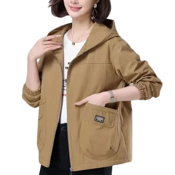 2023 Новая весенне-осенняя женская куртка с капюшоном, короткая повседневная ветровка, женские базовые пальто, свободные пиджаки на молнии с длинным рукавом, топы