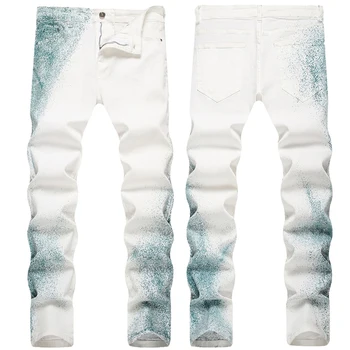 2023 Новые мужские брюки Оптом Уличные мужские джинсы Персонализированные Модные трендовые брюки ручной работы со средней талией Мужские белые