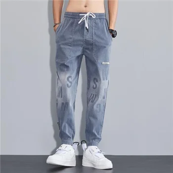 2023 Новые мужские джинсы с градиентным буквенным принтом, Летние Тонкие Свободные девятиточечные брюки, мужские красивые повседневные брюки y2k