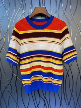2023 новый женский модный повседневный цветной пуловер с короткими рукавами, вязаный универсальный топ 0611