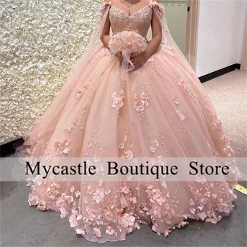 2023 Романтическое Розовое Бальное Платье С 3D Цветами, Пышные Платья 2023 С Накидкой, Расшитое Бисером, Кружевное Длинное Милое Платье 16 Vestidos
