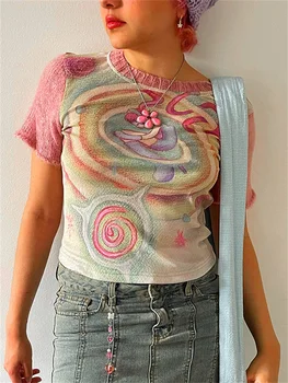 2023 Темные трикотажные футболки Y2k с милым графическим рисунком, обтягивающие топы с героями мультфильмов Harajuku Kwaii, женская эстетичная уличная одежда 90-х, лето