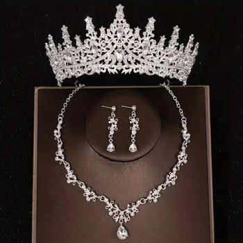 3 шт. Роскошный набор свадебных украшений с серебристыми кристаллами, ожерелье-тиара со стразами, корона, серьги, аксессуары для волос