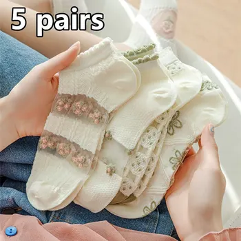 5 пар прозрачных носков для женщин, стеклянные шелковые Милые хлопчатобумажные носки в стиле 