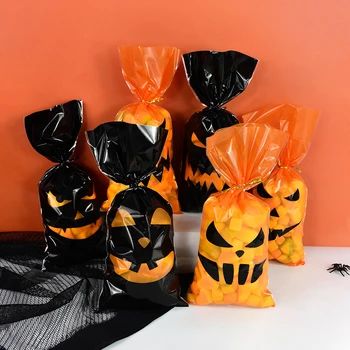50 шт. Пакеты для конфет с привидениями из тыквы на Хэллоуин, пластиковые пакеты для подарочной упаковки печенья с твист-завязками, декор для вечеринки на Хэллоуин