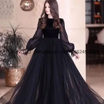 A-Line Long Sleeve Evening Dress Black Dubai Arabia Muslim Lace Prom Gown robe de soirée femme платье на выпускной