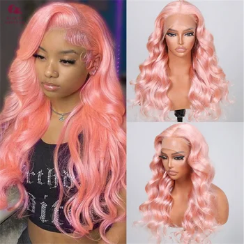 Beautyforeve Розовый парик с кружевом спереди, свободный волнистый парик из человеческих волос, цветной, 13х4, прозрачный, из швейцарского кружева, предварительно выщипанный