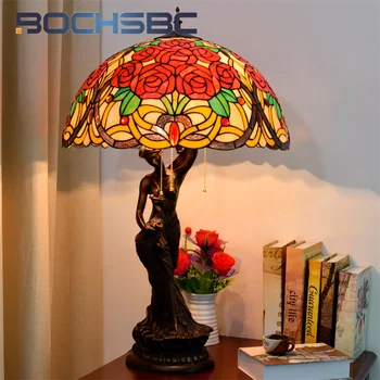 BOCHSBC Настольная лампа с витражным стеклом Тиффани, украшение из роз в стиле ретро, гостиная, кабинет, спальня, кровать, бьюти-лампа для чтения