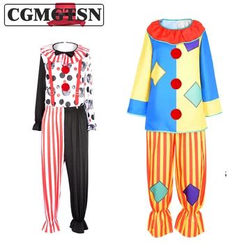 CGMGTSN Детский и взрослый карнавальный костюм разнообразного клоуна, топ с длинными рукавами, брюки, мужские костюмы для циркового представления на Хэллоуин