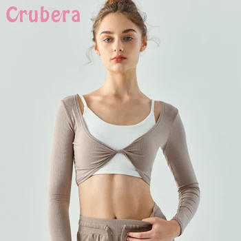 Crubera / Осенне-зимняя новинка, женская повседневная универсальная облегающая футболка для йоги с V-образным вырезом и перекрестной скруткой, с длинным рукавом