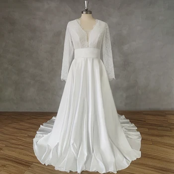 DIDEYTTAWL Реальное изображение Бохо Кружевное свадебное платье с длинными рукавами и V-образным вырезом, иллюзия спины, Атласный шлейф, свадебное платье на заказ