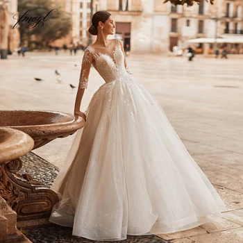Fmogl Sexy Illusion, кружевные винтажные свадебные платья с коротким рукавом, роскошные свадебные платья трапециевидной формы с круглым вырезом и аппликациями Длиной до пола