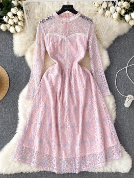 FTLZZ/ Весенне-осеннее элегантное женское платье с круглым вырезом, кружевной сеткой и вышивкой, повседневное женское розовое сказочное платье трапециевидной формы