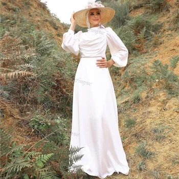 Funyue Арабский Дубай Мусульманские Свадебные Платья для Женщин 2023 Невеста Трапециевидное Атласное Свадебное Платье С Длинными Рукавами И Высоким Вырезом Robes De Mariée