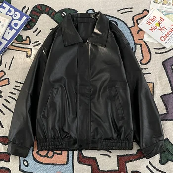 Gmiixder Винтажная Темно-черная куртка из искусственной кожи Унисекс, весна-осень, высококачественная Свободная рабочая одежда, пальто, мотоциклетная кожаная куртка с лацканами