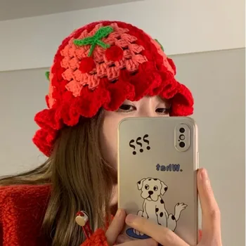 INS, полые вишневые вязаные рыбацкие шапки для женщин, красочная красная шапка ручной работы, весенне-летняя солнцезащитная шляпа