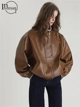 Inwoman Коричневая куртка с длинным рукавом и застежкой-молнией, повседневная для женщин 2023, пальто из искусственной кожи с карманом на пуговицах, утепленная куртка из торфа