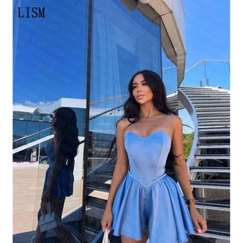 LISM 2023 Изящное Пышное Платье Без Бретелек с бусинами, Мини-Плиссированное Голубое Пляжное Вечернее Прозрачное Платье В стиле Ампир Без Рукавов Elbise