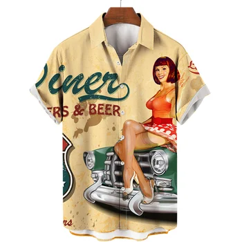Moto Biker Girl Графические Рубашки для Мужчин, Одежда, Гавайские Пляжные Рубашки с 3D Принтом, y2k, Топы, Рубашка, Винтажная Одежда, Блузка С Лацканами