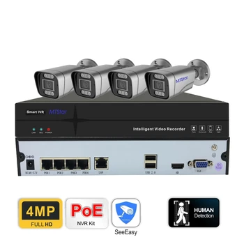 MTStar System 4CH 4MP HD POE NVR Kit CCTV Двухстороннее Аудио Обнаружение Движения и Человека Наружное Видеонаблюдение IP-Камера Безопасности