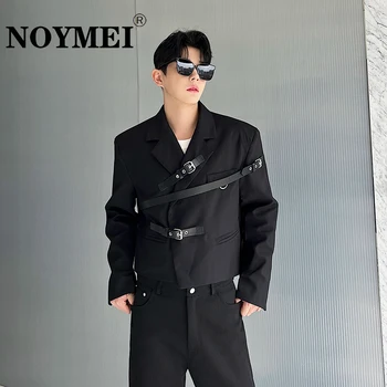 NOYMEI Асимметричный дизайн, Украшение ремня, черный короткий пиджак, корейский стиль, Модный универсальный мужской блейзер, осень WA1942