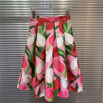 QQ6463 Красивый цветочный принт, высокая талия, крупный А-силуэт, розовая юбка средней длины в европейском и американском стиле, новинка лета для женщин
