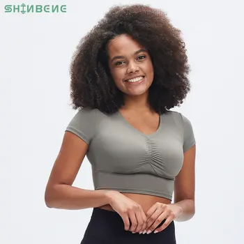 SHINBENE V-образным вырезом спереди хруст сжатия йога топ Слин Fit с коротким рукавом спортивная футболка, топ для женщин
