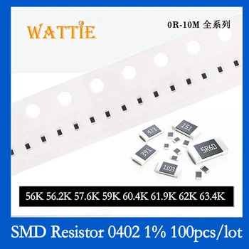 SMD резистор 0402 1% 56K 56.2K 57.6K 59K 60.4K 61.9K 62K 63.4K 100 шт./лот микросхемные резисторы 1/16 Вт 1.0 мм* 0.5 мм
