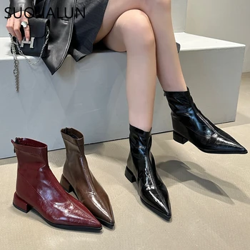 SUOJIALUN / осенние женские ботильоны, модные женские элегантные короткие ботинки Martin с острым носком и молнией сзади, повседневные ботинки Martin на квадратном низком каблуке