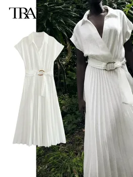 TRAF Women 2023 Шикарное модное платье Миди на пуговицах с поясом, Винтажное Белое женское платье с длинным рукавом