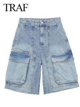 TRAF Женские новые модные с карманами повседневные джинсовые мини-шорты синего цвета на молнии спереди, винтажные женские шорты с высокой талией, шикарные женские шорты Mujer