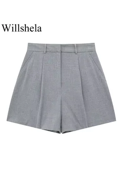 Willshela Женские модные серые плиссированные мини-юбки на молнии спереди, шорты, винтажные женские шикарные шорты с высокой талией