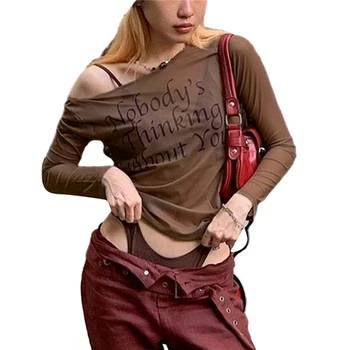 Xingqing Сетчатый укороченный топ, женская эстетическая одежда, футболки с буквенным принтом, круглый вырез, длинный рукав, прозрачная одежда, уличная одежда
