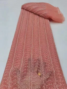 Африканская кружевная ткань Новое поступление 2023 года, высококачественная Оранжевая ткань с блестками, вышитая бисером, кружевная ткань с вышивкой для вечернего платья