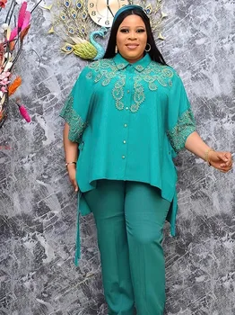 Африканская одежда для женщин, весна-лето, полиэстер с коротким рукавом в африканском стиле, черный, зеленый, красный, 2 ПРЕДМЕТА, комплекты с топом и брюками в тон, африканский костюм