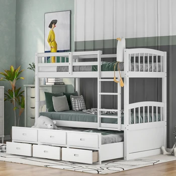 Белая двухъярусная кровать Twin over Twin из дерева с чемоданом и выдвижными ящиками для мебели для спальни в помещении