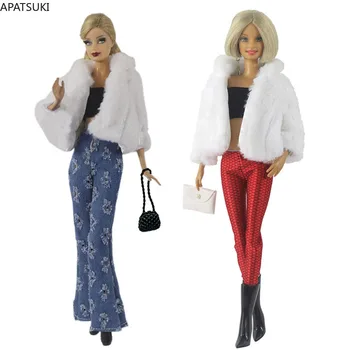Белая куртка из искусственного меха, комплект одежды для куклы Барби, модные наряды, топ, брюки, ботинки, сумка для кукол Barbie 1/6, аксессуары для кукол