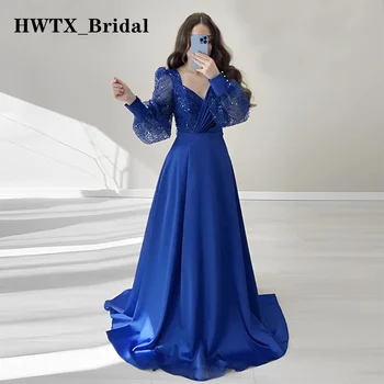 Блестящее Вечернее платье трапециевидной формы Королевского синего цвета с длинным рукавом и V-образным вырезом Длиной до пола, платья для выпускного вечера в арабском Дубае, Вечерние платья для официальных мероприятий