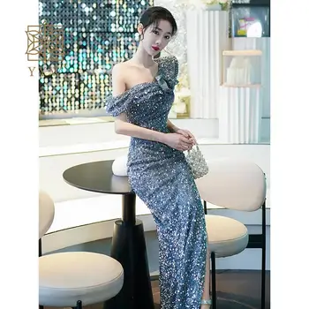 Блестящее Серебристо-серое вечернее платье Русалки с пайетками на одно плечо, женские свадебные платья для гостей, золотые вечерние платья с рюшами