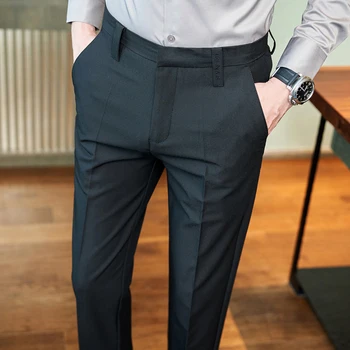 Британский Стиль Деловой Повседневный Костюм Брюки для Мужчин Одежда 2023 Официальная Одежда Slim Fit Полная Длина Драповые Мужские Офисные Брюки L38