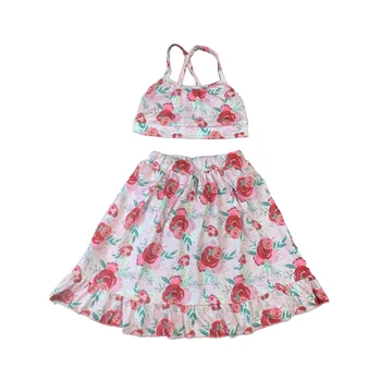 Бутик-комплект для маленьких девочек, топ-слинг с цветочным рисунком и юбка, детская одежда оптом